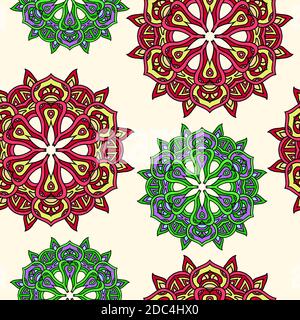 Seamless pattern with  multicolor doodle  mandalas. Vintage decorative element. Hand drawn background. Stock Vector