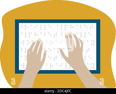 Blind woman read book written in Braille. Hands tracing the pages. Isolated vector illustration. World Braille Day Stock Vector