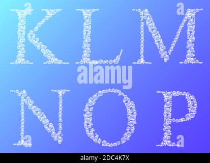 Set of water drops latin alphabet letters K, L, M, N, O, P. Artistic vector font on gradient background. Stock Vector