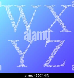Set of water drops latin alphabet letters W, X, Y, Z. Artistic vector font on gradient background. Stock Vector