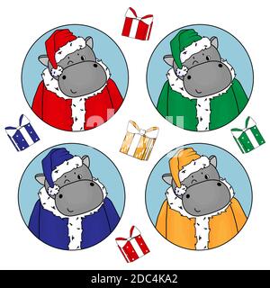 Set of cute hippos in Santa Claus costume in red, green, blue and yellow colors. Fur coat, hat and gifts elements Stock Vector