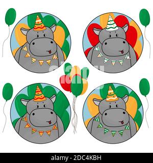 Set of Happy hippos with balloons, in birthday hat and flags in green, yellow and red colors Stock Vector