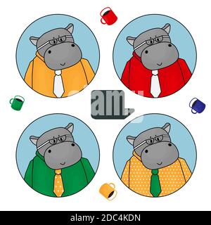Hippo is office clerk, official representative. Yellow, red, green and white clothes of shirt and tie with fashion glasses, laptop and cups of coffee Stock Vector