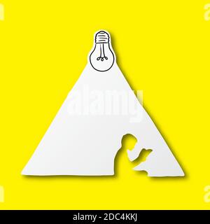 black line hand drawn of light bulb and boy reading on cut paper with shadow isolated on yellow background Stock Vector