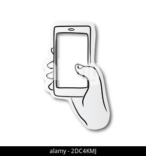 black line hand drawn of hand holding smartphone on cut paper with shadow isolated on white background Stock Vector