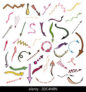 Hand drawn colored arrows set. Vector illustration. isolated on white. Stock Vector
