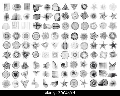 Large set of abstract geometric  elements and shapes on white background. Sacred geometry, esoteric symbols. Use for banknote, currency, logos voucher Stock Vector