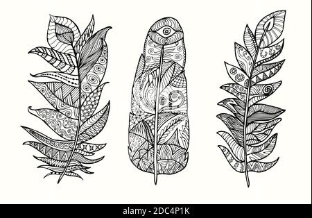 Hand drawn feather set with doodle, zentangle, floral, vintage elements Isolated on white. Vector illustration. Stock Vector
