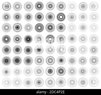 Large set of  vector abstract guilloche elements on white background. Use for banknote, certificate, currency, voucher or money design. Stock Vector