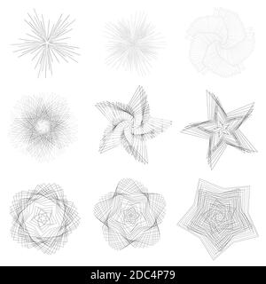 Set of abstract geometric  elements and shapes on white background. Sacred geometry, esoteric symbols. Use for banknote, currency, logos voucher or mo Stock Vector