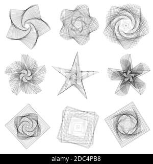 Set of abstract geometric  elements and shapes on white background. Sacred geometry, esoteric symbols. Use for banknote, currency, logos voucher or mo Stock Vector