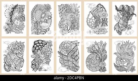 Set of hand drawn pages in zendoodle style for adult coloring book. Abstract marine and floral motifs with coral fishes, seashells and seaweeds. Eleme Stock Vector