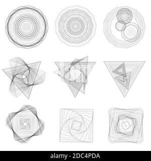 Set of abstract geometric  elements and shapes on white background. Sacred geometry, esoteric symbols. Use for banknote, currency, logos voucher or mo Stock Vector