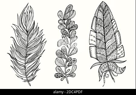 Hand drawn feather set with doodle, zentangle, floral, vintage elements Isolated on white. Vector illustration. Stock Vector
