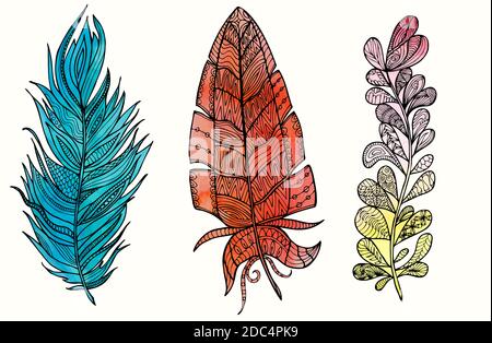 Hand drawn feather set with doodle, zentangle, floral, vintage elements and watercolor background. Isolated on white. Vector illustration. Stock Vector
