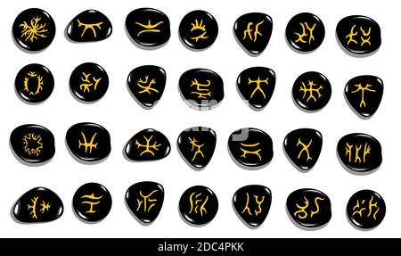 Set of  hand drawn lichen glyphs written in stone, ancient magical  symbols for divination, occult symbols,  on white.  Vector illustration. Stock Vector