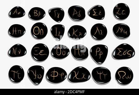 Hand drawn Greek alphabet written in stone , font set,  isolated on white background, vector illustration. Stock Vector