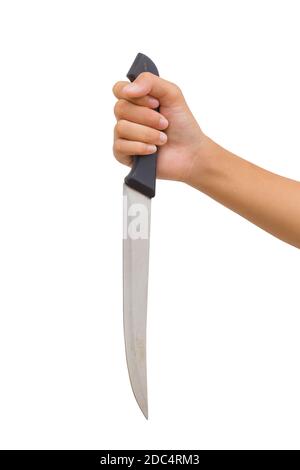 12 year old asian young girl holding long knife isolated on white background. Clipping path. violence concept. Stock Photo