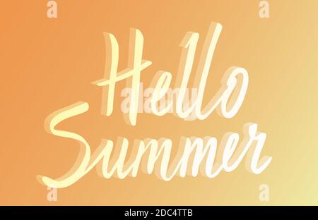 Hello summer hand drawn brush lettering on orange gradient background with 3d effect. Hand written calligraphy style. Vector poster element. Stock Vector