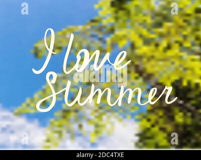 I love summer hand drawn brush lettering on blurred natural background. Hand written calligraphy style. Vector poster element. Stock Vector