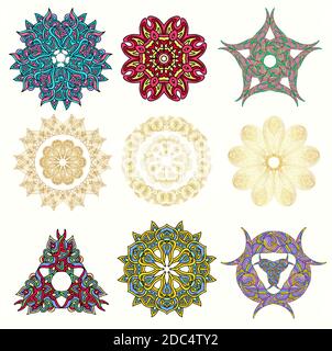 Set of ornament multicolor doodle  mandalas. Vintage decorative element. Hand drawn on white background. Stock Vector