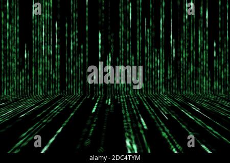Matrix computer generated symbols on black background in halftone style, perspective concept Stock Photo