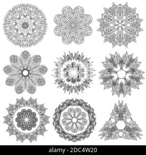 Set of abstract geometric  elements and shapes on white background. Sacred geometry, esoteric symbols. Use for banknote, currency, logos voucher or mo Stock Vector