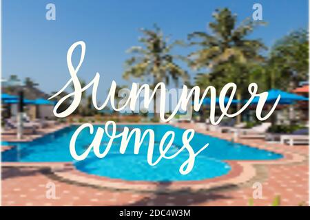 summer comes hand drawn brush lettering. Hand written calligraphy style. Stock Vector