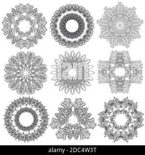 Set of abstract geometric  elements and shapes on white background. Sacred geometry, esoteric symbols. Use for banknote, currency, logos voucher or mo Stock Vector