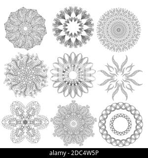 Set of abstract geometric  elements and shapes on white background. Sacred geometry, esoteric symbols. Use for banknote, currency, logos voucher or mo Stock Vector