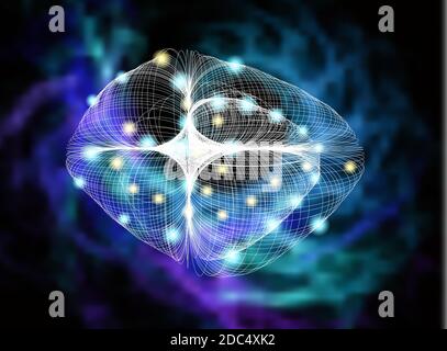 Abstract geometric symbol on blurred natural background. Sacred geometry, occult, spirituality concept. Brain, mind. Stock Vector
