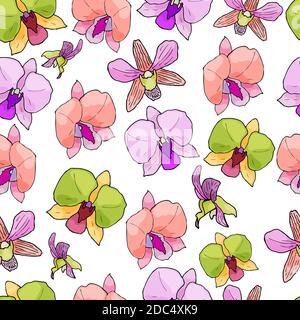 Seamless pattern with hand drawn orchids and floral elements. Colored vector illustration. Stock Vector
