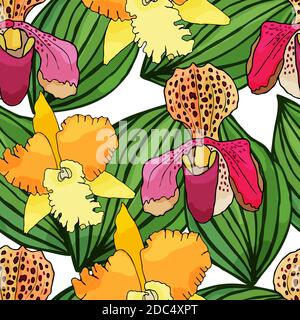 Seamless pattern with hand drawn orchids and floral elements. Colored vector illustration. Stock Vector