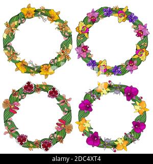 Set of circle frames made of orchids and floral elements. Hand drawn elements for design. Isolated on white. Stock Vector
