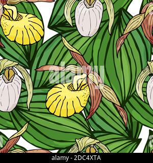 Seamless pattern with hand drawn orchids and floral elements. Colored vector illustration. Stock Vector