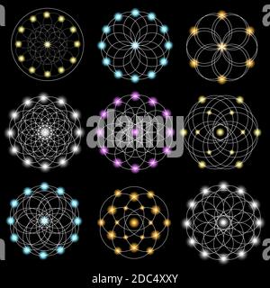 Set of abstract geometric  elements and shapes on black background. Sacred geometry, esoteric symbols. Use for banknote, currency, logos voucher or mo Stock Vector