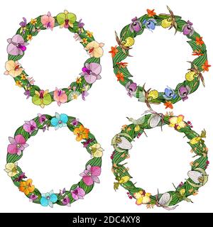 Set of circle frames made of orchids and floral elements. Hand drawn elements for design. Isolated on white. Stock Vector