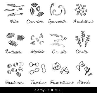 Hand drawn large set of different types of Italian pasta with names. Vector linear illustration. Isolated on white, monochrome. Stock Vector