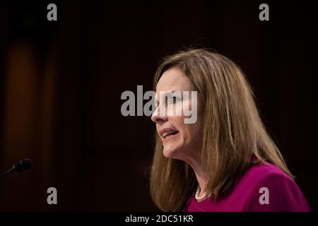 Supreme Court nominee Judge Amy Coney Barrett speaks during her Senate Judiciary Committee confirmation hearing on Capitol Hill on October 12, 2020 in Washington, DC Credit: Alex Edelman/The Photo Access Stock Photo