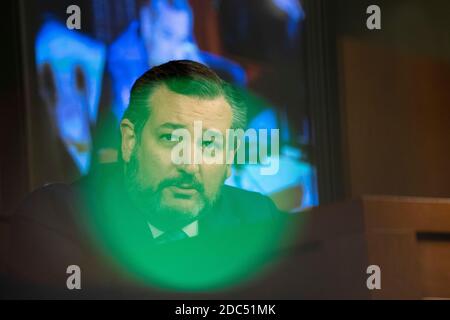 Senator Ted Cruz, Republican of Texas, asks Supreme Court nominee Judge Amy Coney Barrett speaks during her Senate Judiciary Committee confirmation hearing on Capitol Hill on October 12, 2020 in Washington, DC Credit: Alex Edelman/The Photo Access Stock Photo