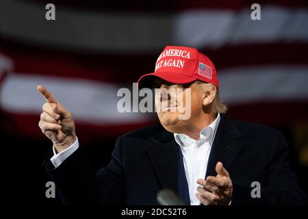 US President Donald Trump speaks during a Make America Great Again campaign event at Des Moines International Airport on October 14, 2020 in Des Moines, Iowa. Trump campaigns a week after recovering from COVID-19. Credit: Alex Edelman/The Photo Access Stock Photo