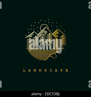 Mountain landscape view with line art style logo design template Stock Vector