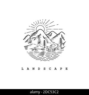 Mountain landscape view with line art style logo design template Stock Vector