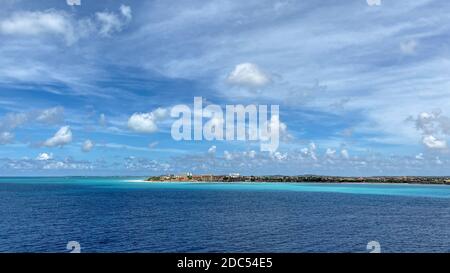 A view of the Aruba coastline from a cruise ship coming into port. Stock Photo