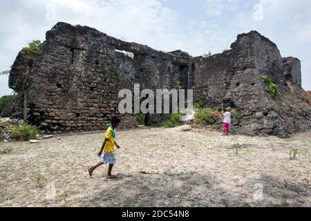 The ruins of the old Dutch Fort on Delft Island in the Jaffna region of  Sri Lanka. The island is located 10 kilometres off the coast of Jaffna. Stock Photo