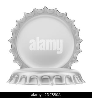 Two aluminum bottle caps form a podium for product presentation. Throne-shaped lids mockup. 3D rendering Stock Photo