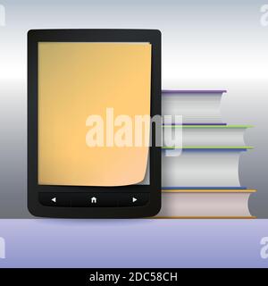 Stack of colorful books with electronic book reader. Stock Vector