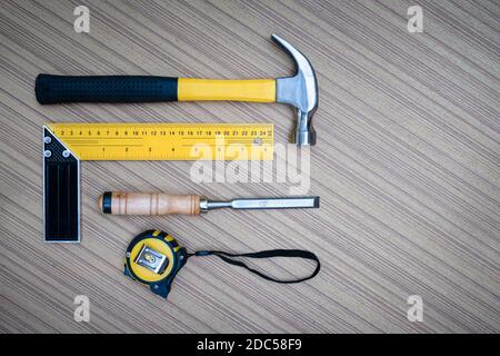 Set of hand tools for the toolset with the do it yourself (DIY)on wooden board Stock Photo