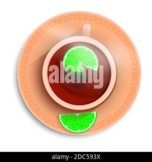 ceramic mug, cup of hot tea with lemon slices on saucer and light steam over cup, top view. Warming drink in winter season. Realistic vector Stock Vector