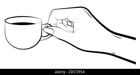 female hand gently holds ceramic cup with tea, coffee. Woman is drinking tea from mug. Warming drink in winter season. Vector Stock Vector